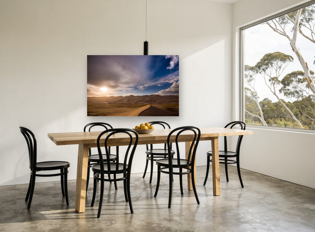Dune Ridge Sunburst landscape canvas print on the wall of a dining room