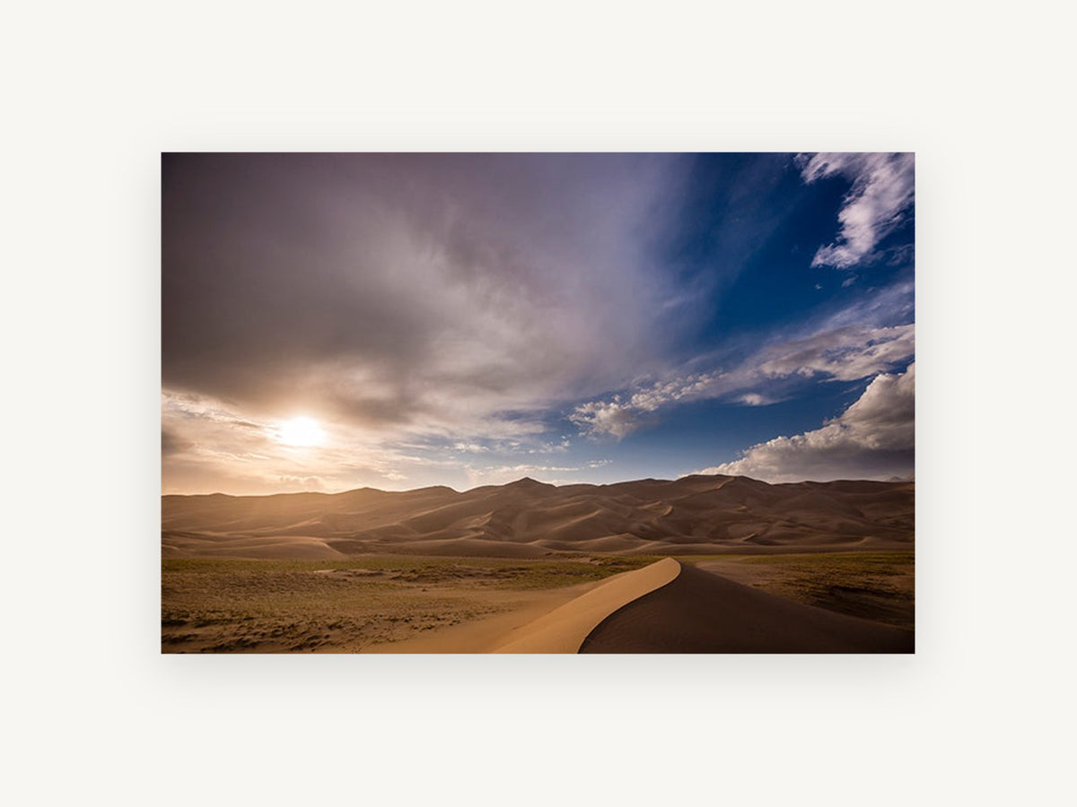 Dune Ridge Sunburst, desert sand dunes sunset photograph, landscape canvas wall art print, front view