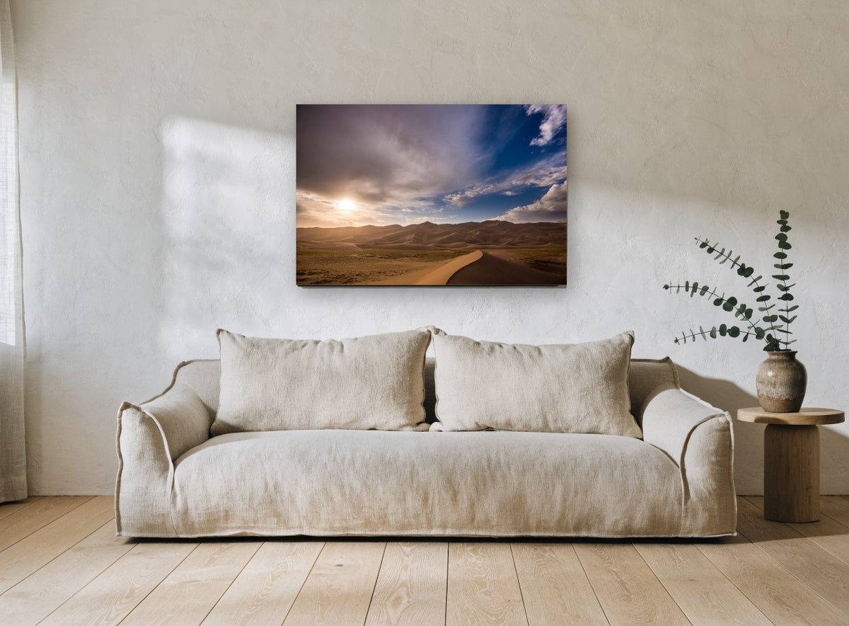 Dune Ridge Sunburst landscape canvas print on the wall of a living room