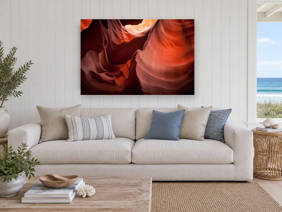 Crimson Ripple Canyon Chamber landscape canvas print on the wall of a beach house living room