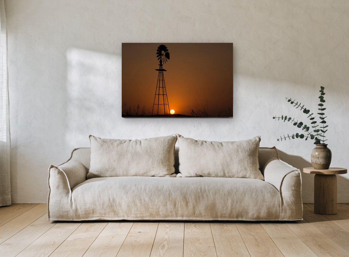 Windmill at Dusk landscape canvas print on the wall of a living room