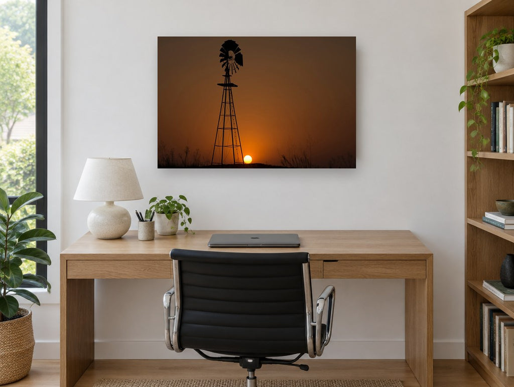 Windmill at Dusk landscape canvas print on the wall of a study