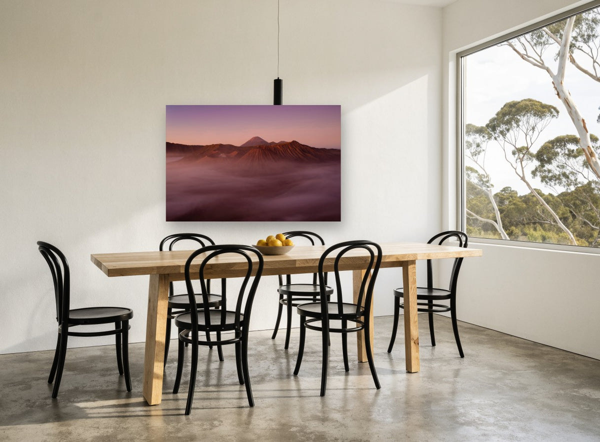 Dawn Over Ash Ridges landscape canvas print on the wall of a dining room