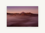 Dawn Over Ash Ridges, misty volcanic mountains at dawn photograph, landscape canvas wall art print, front view