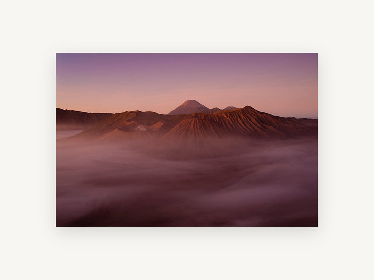 Dawn Over Ash Ridges, misty volcanic mountains at dawn photograph, landscape canvas wall art print, front view