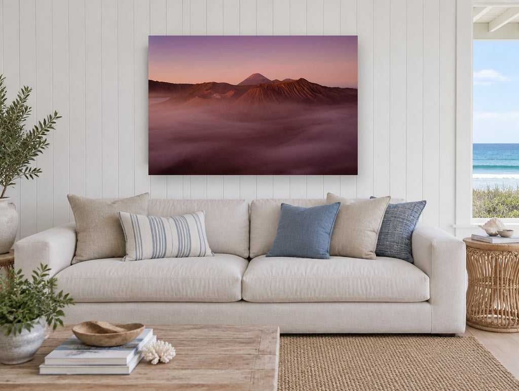Dawn Over Ash Ridges landscape canvas print on the wall of a beach house living room