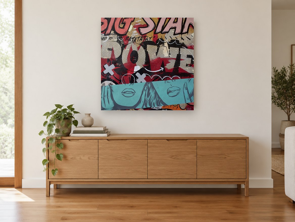 Big Star Power vintage canvas print on the wall of a living room above a sideboard