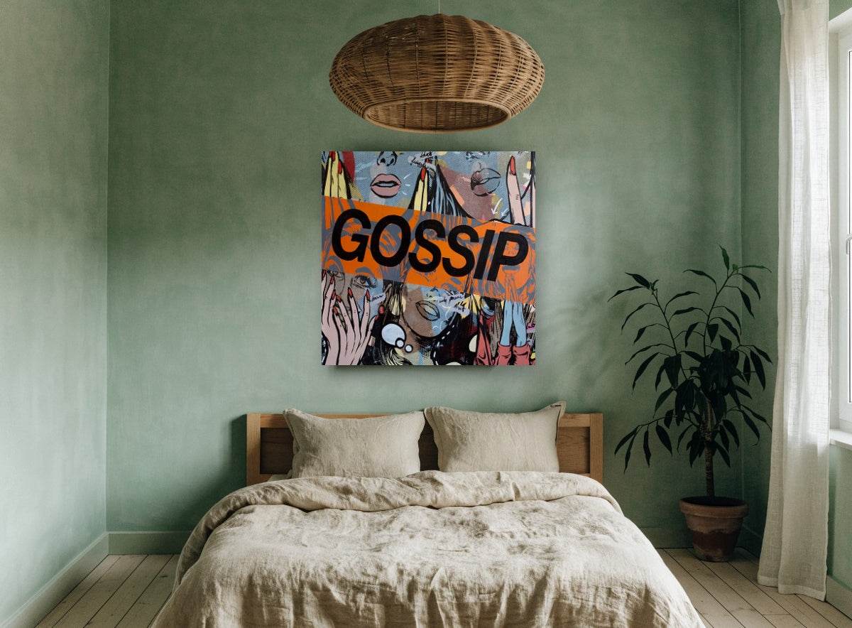 Gossip Pop Collage vintage canvas print on the wall of a bedroom