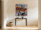 Gossip Pop Collage vintage canvas print on the wall of a hallway
