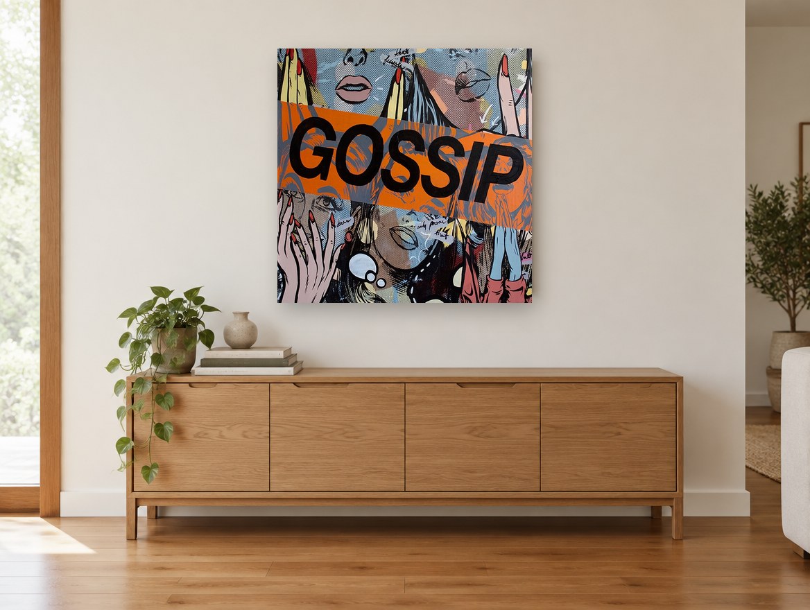 Gossip Pop Collage vintage canvas print on the wall of a living room above a sideboard