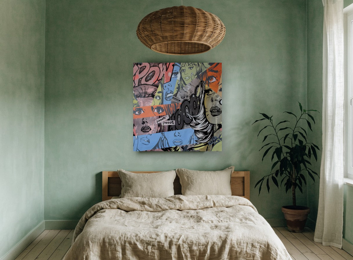 Pow Wow Collage vintage canvas print on the wall of a bedroom