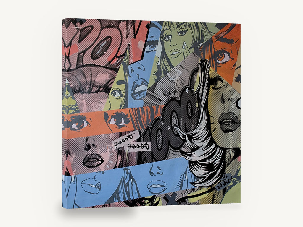 Pow Wow Collage, retro pop art comic collage, stretched canvas wall art print ready to hang