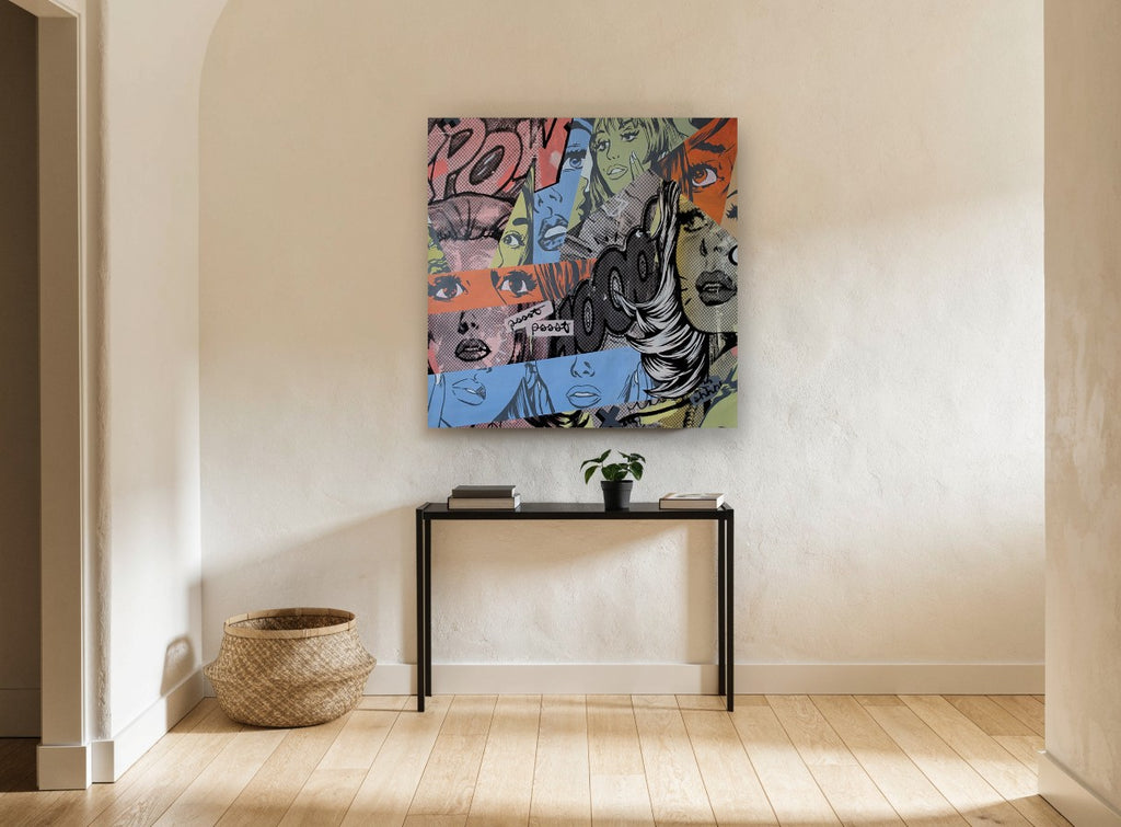 Pow Wow Collage vintage canvas print on the wall of a hallway