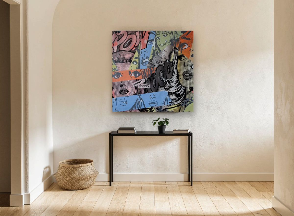 Pow Wow Collage vintage canvas print on the wall of a hallway