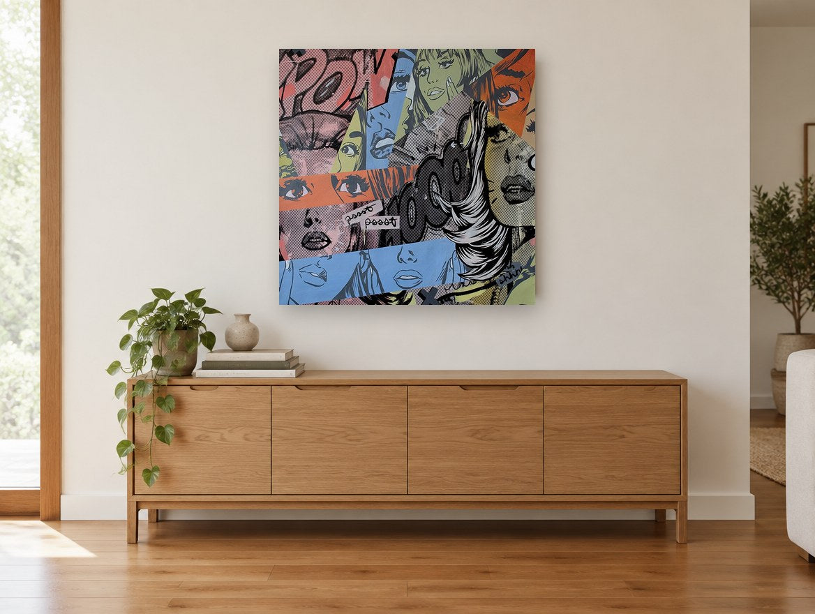 Pow Wow Collage vintage canvas print on the wall of a living room above a sideboard