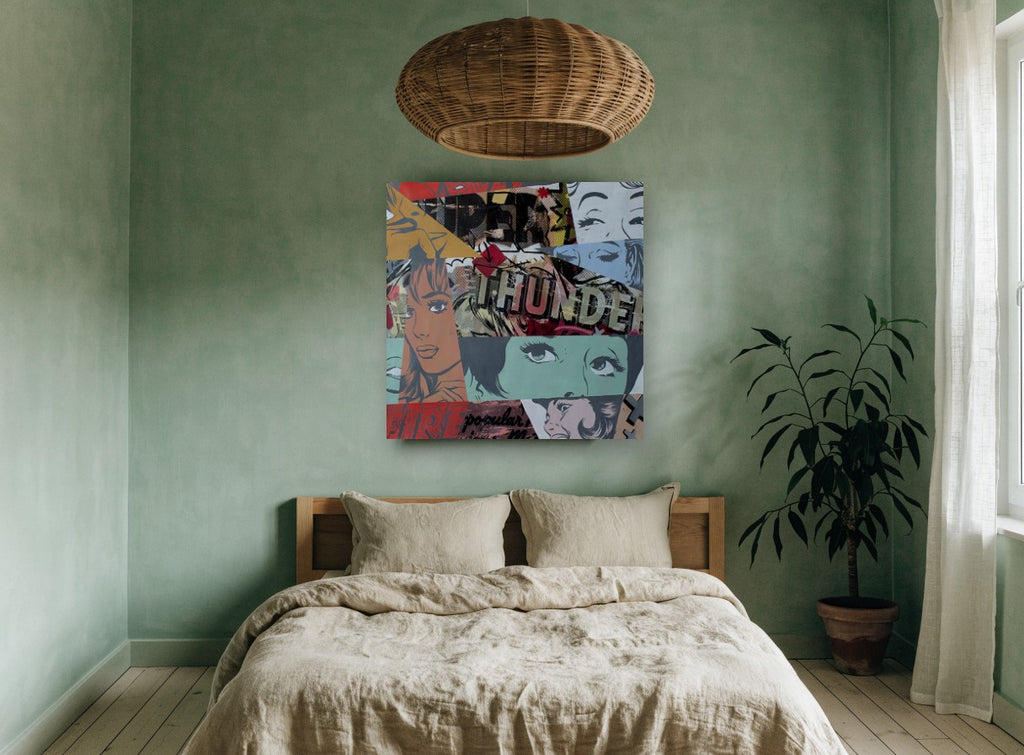 Thunder Fire Collage vintage canvas print on the wall of a bedroom