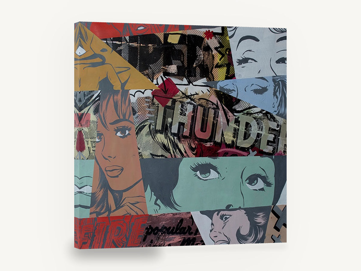 Thunder Fire Collage, retro pop art comic collage, stretched canvas wall art print ready to hang