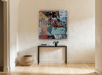 Thunder Fire Collage vintage canvas print on the wall of a hallway