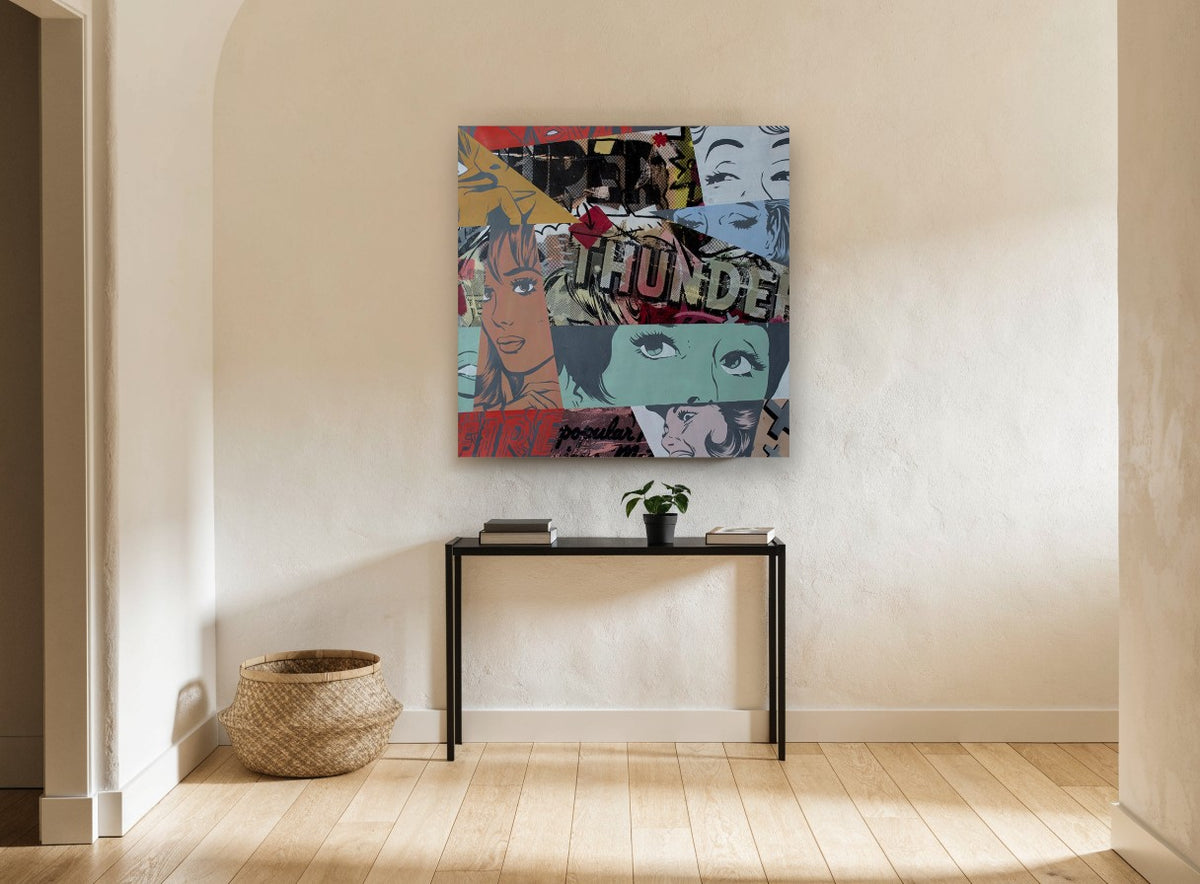Thunder Fire Collage vintage canvas print on the wall of a hallway