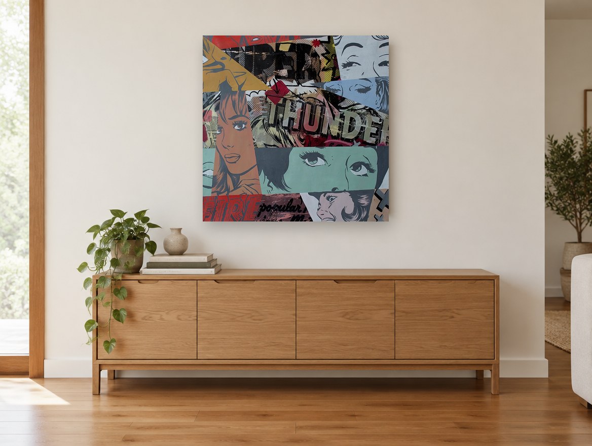 Thunder Fire Collage vintage canvas print on the wall of a living room above a sideboard