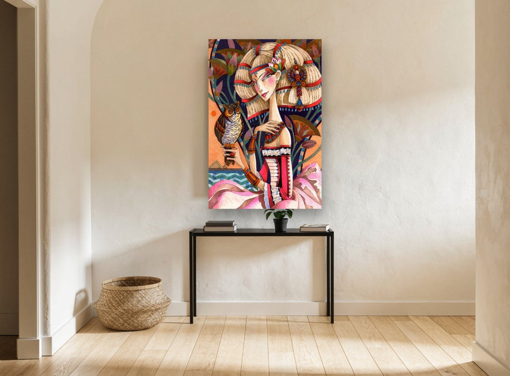 Owl and the Lotus Queen animal canvas print on the wall of a hallway
