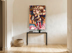 Owl and the Lotus Queen animal canvas print on the wall of a hallway