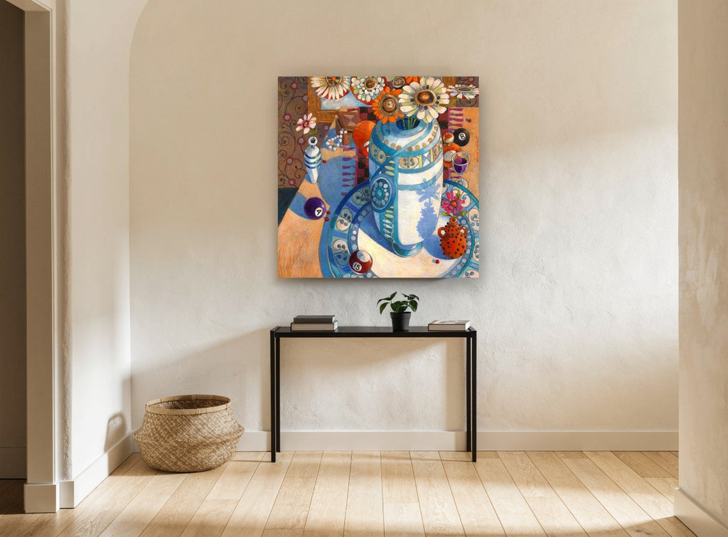 Daisies and Billiard Balls floral canvas print on the wall of a hallway