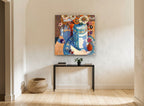 Daisies and Billiard Balls floral canvas print on the wall of a hallway