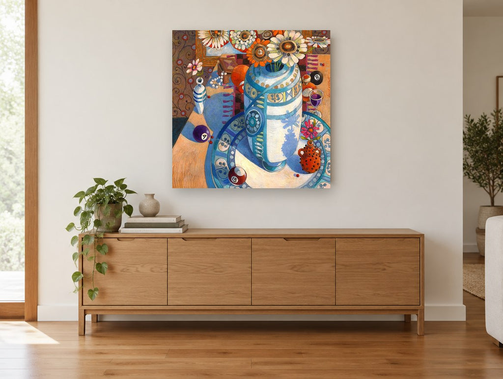 Daisies and Billiard Balls floral canvas print on the wall of a living room above a sideboard