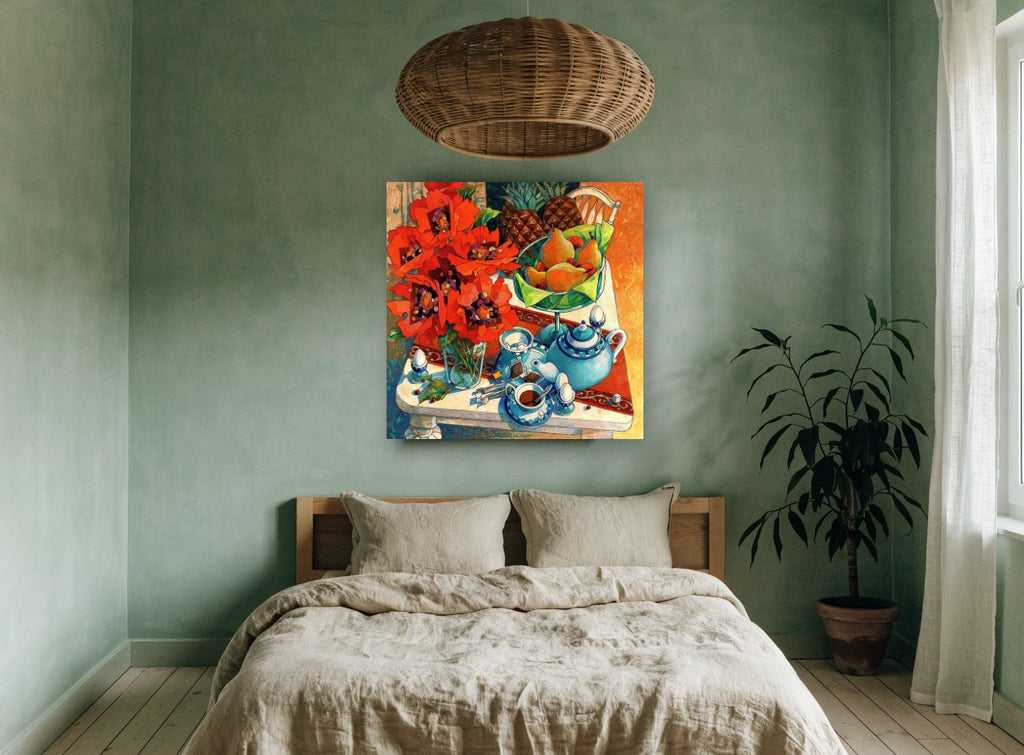 Poppies and Teapot Table floral canvas print on the wall of a bedroom