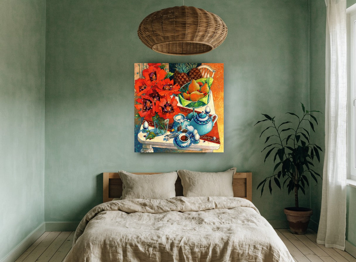 Poppies and Teapot Table floral canvas print on the wall of a bedroom