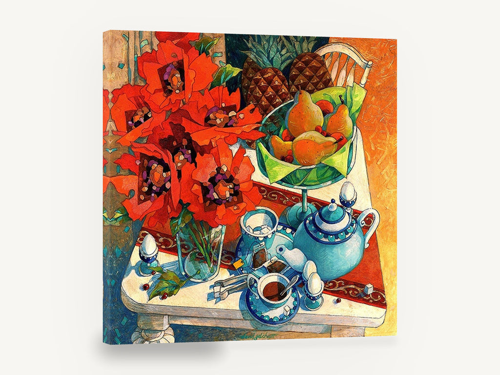 Poppies and Teapot Table, red poppies tea table still life, floral canvas wall art print ready to hang