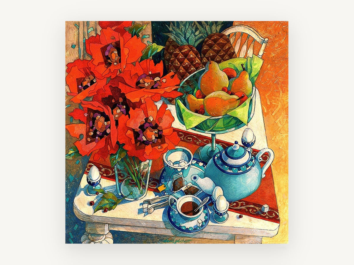 Poppies and Teapot Table, floral canvas wall art print, front view