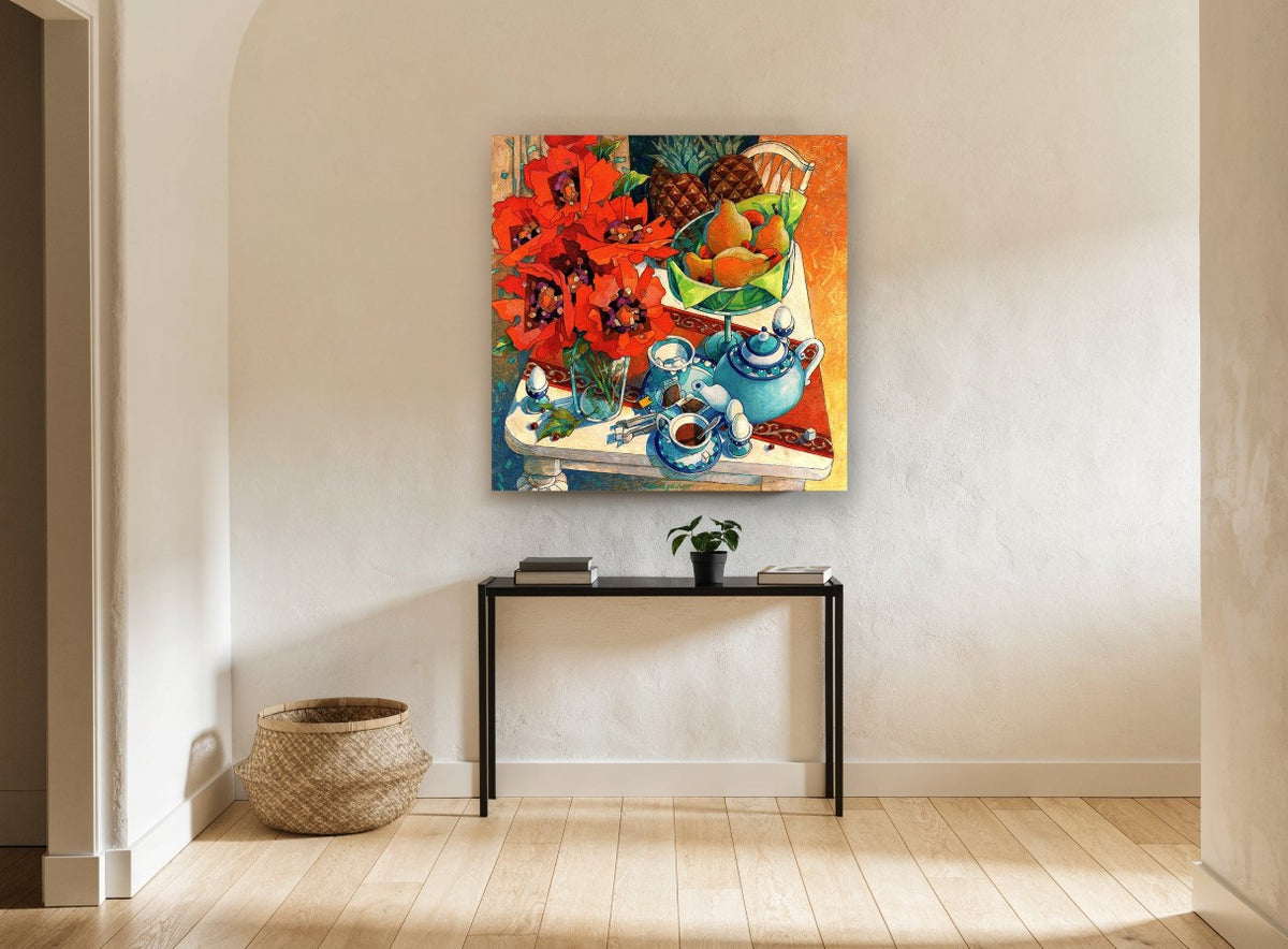Poppies and Teapot Table floral canvas print on the wall of a hallway