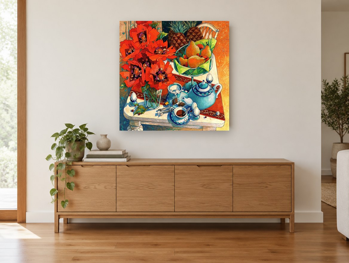Poppies and Teapot Table floral canvas print on the wall of a living room above a sideboard