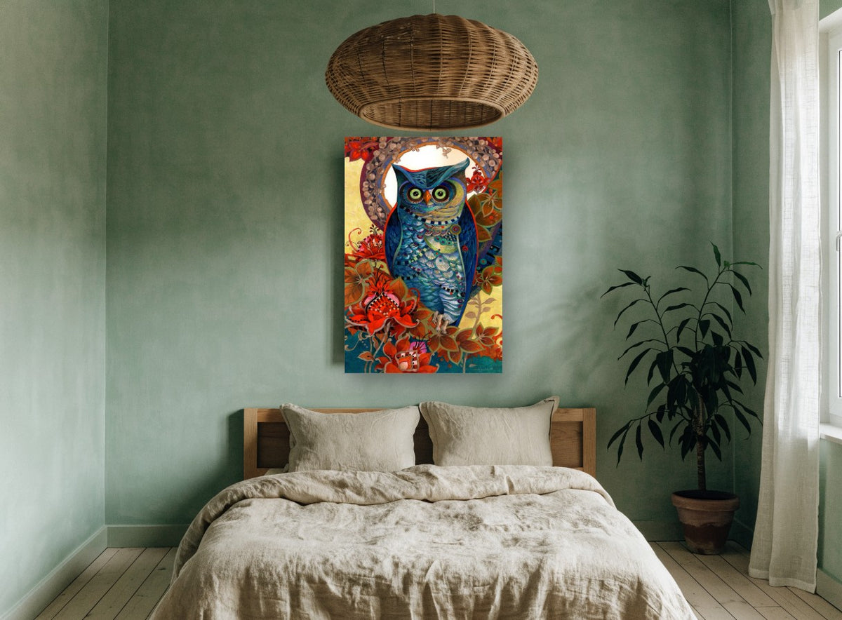 Blue Owl Garden floral canvas print on the wall of a bedroom
