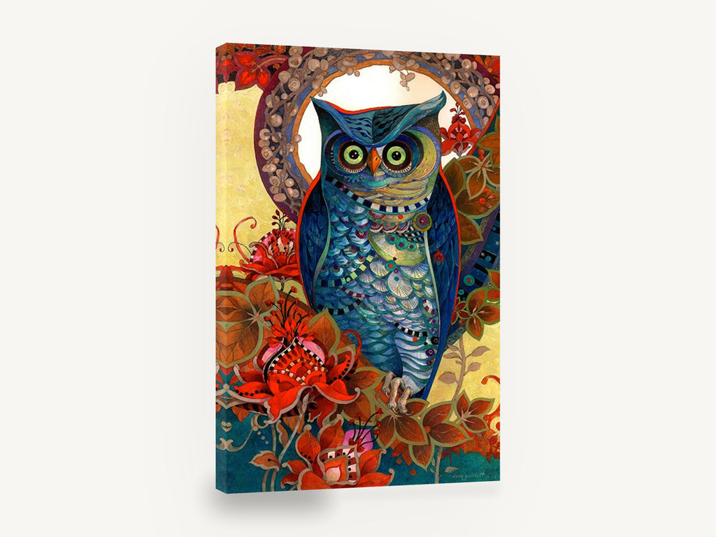 Blue Owl Garden, ornate blue owl floral illustration, floral canvas wall art print ready to hang
