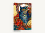 Blue Owl Garden, ornate blue owl floral illustration, floral canvas wall art print ready to hang