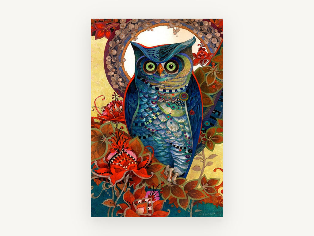 Blue Owl Garden, floral canvas wall art print, front view