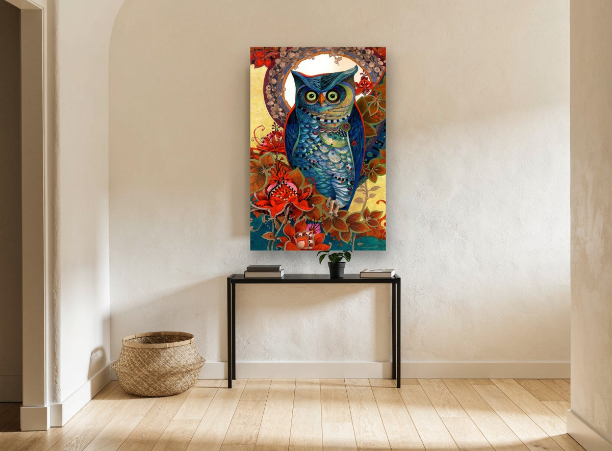 Blue Owl Garden floral canvas print on the wall of a hallway