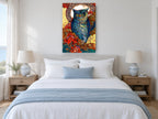 Blue Owl Garden floral canvas print on the wall of a coastal bedroom