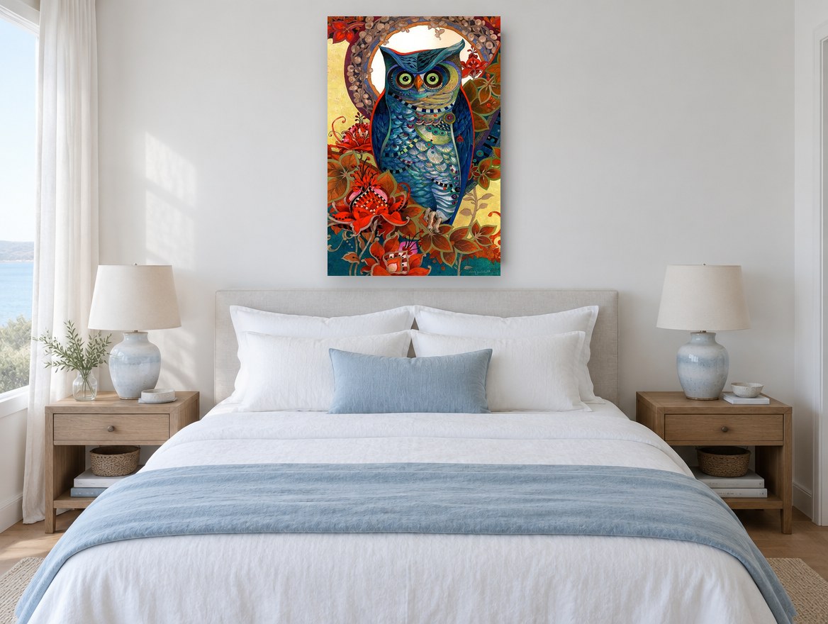 Blue Owl Garden floral canvas print on the wall of a coastal bedroom