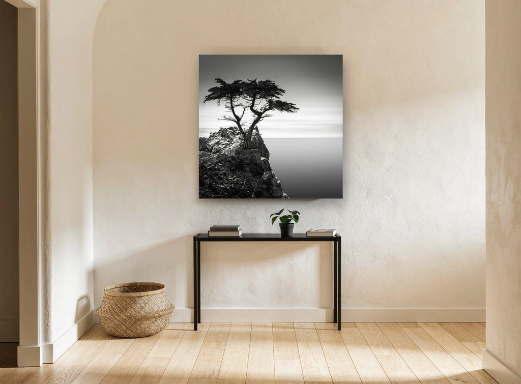 Lone Cypress Headland coastal canvas print on the wall of a hallway