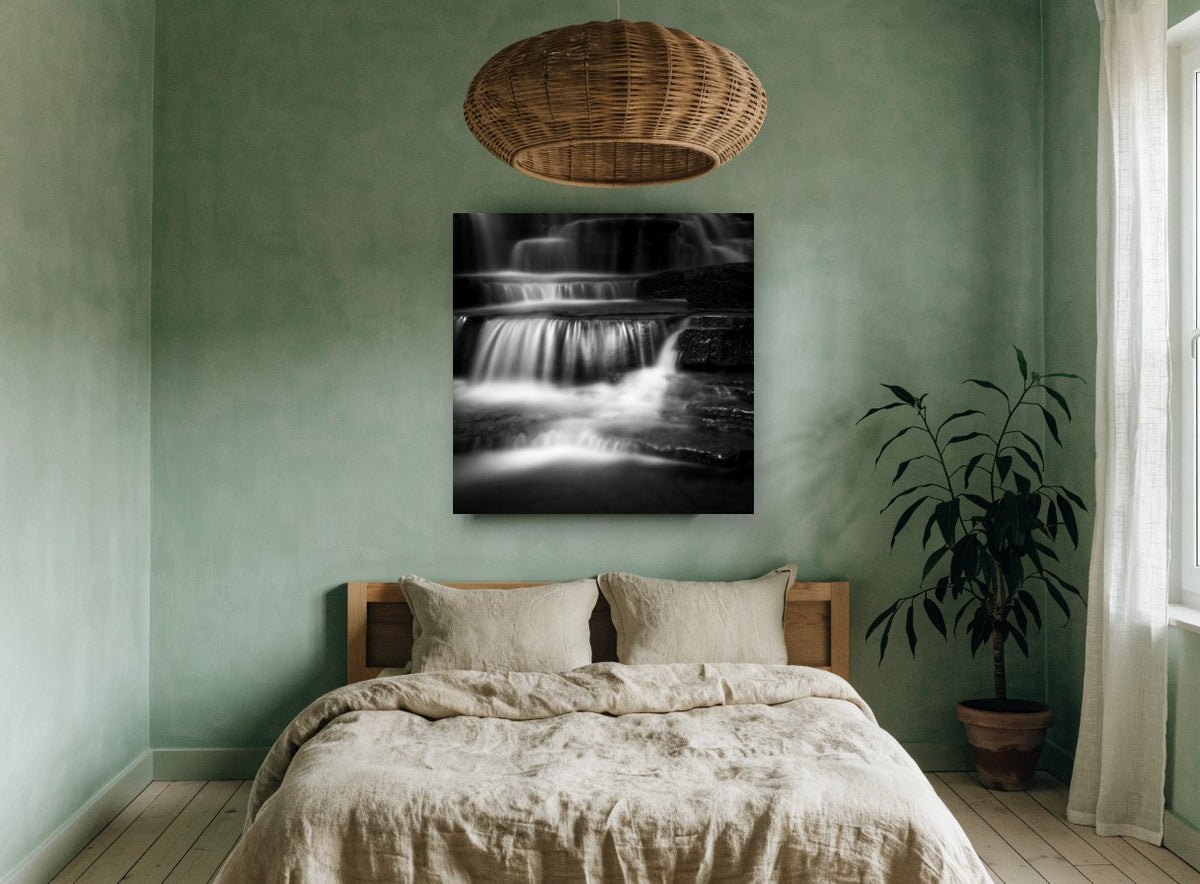 Silk Steps Cascade landscape canvas print on the wall of a bedroom