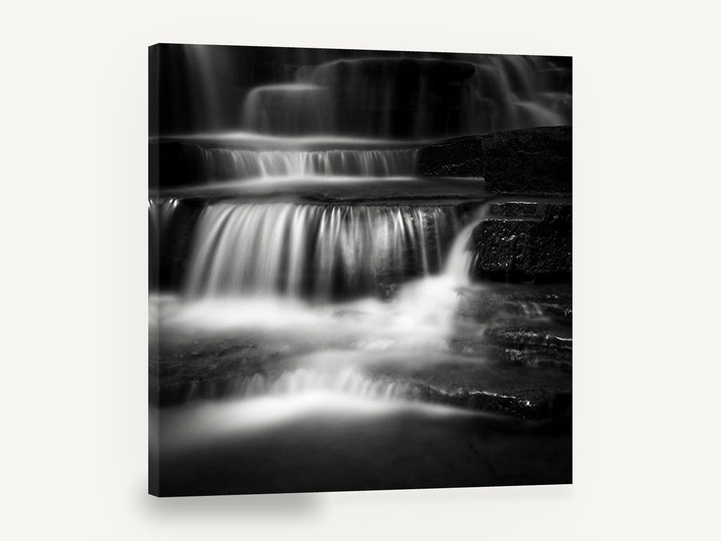 Silk Steps Cascade, black and white waterfall photograph, landscape canvas wall art print ready to hang
