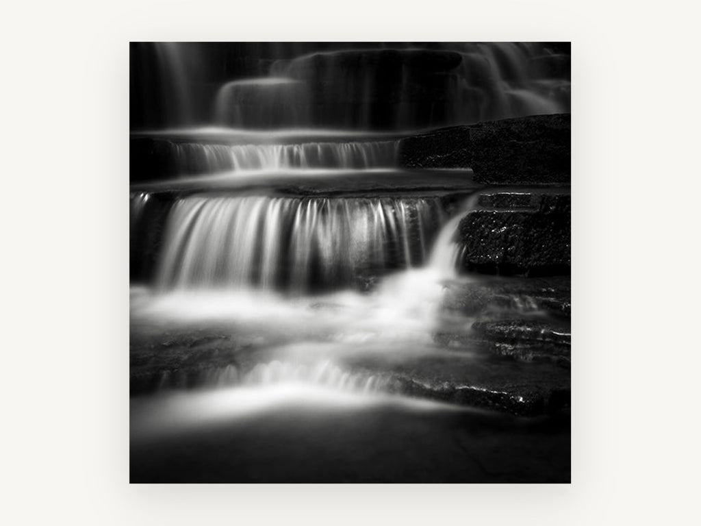 Silk Steps Cascade, black and white waterfall photograph, landscape canvas wall art print, front view