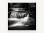 Silk Steps Cascade, black and white waterfall photograph, landscape canvas wall art print, front view