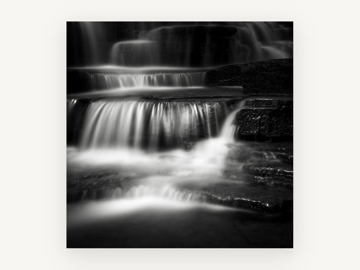 Silk Steps Cascade, black and white waterfall photograph, landscape canvas wall art print, front view
