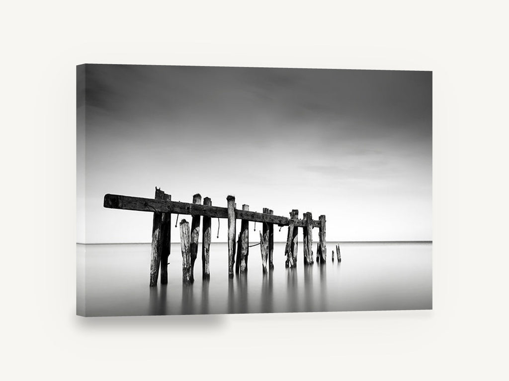 Weathered Jetty Stillness, black and white old jetty seascape, landscape canvas wall art print ready to hang