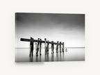 Weathered Jetty Stillness, black and white old jetty seascape, landscape canvas wall art print ready to hang
